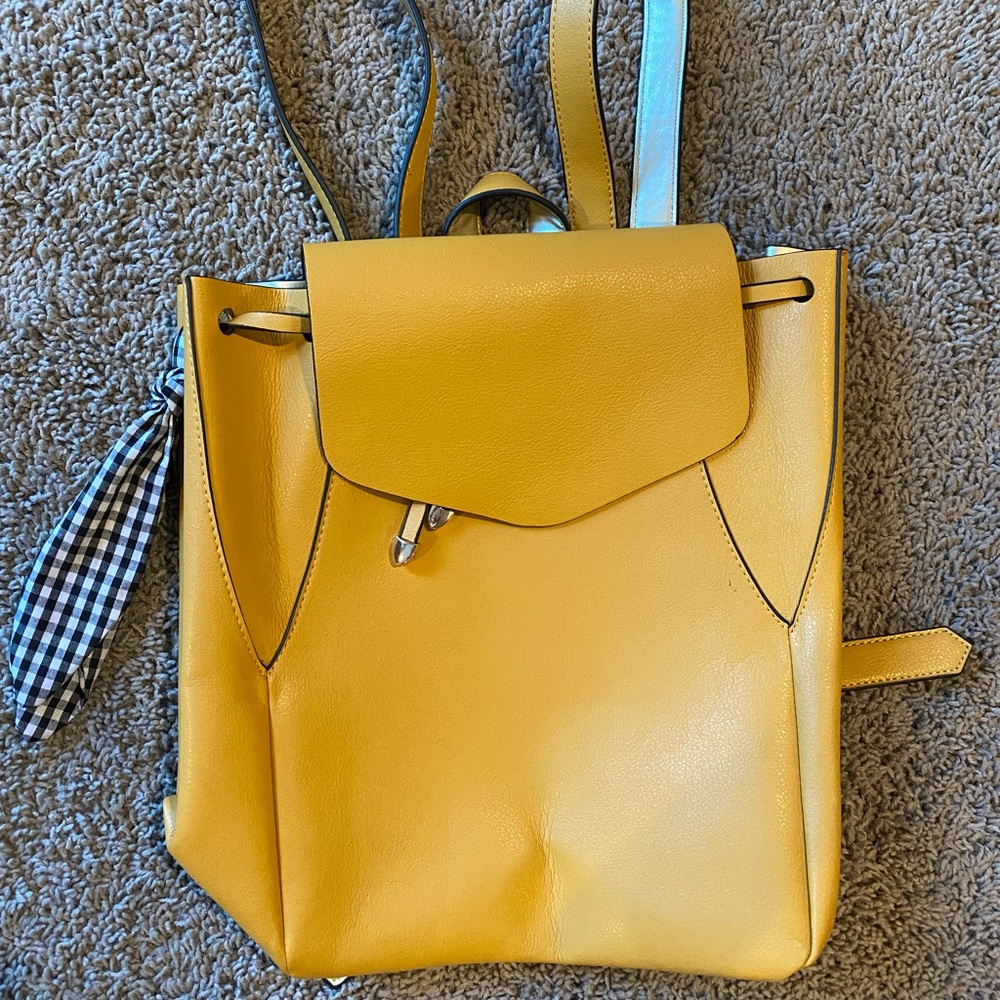 Zara Mustard Yellow Everyday Backpack with Black and White Gingham Scarf Tie